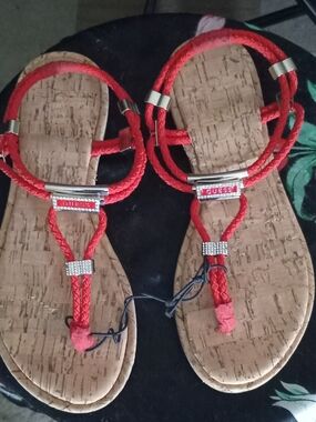 GUESS Red Braided T-Strap Sandals with Rhinestone Accents